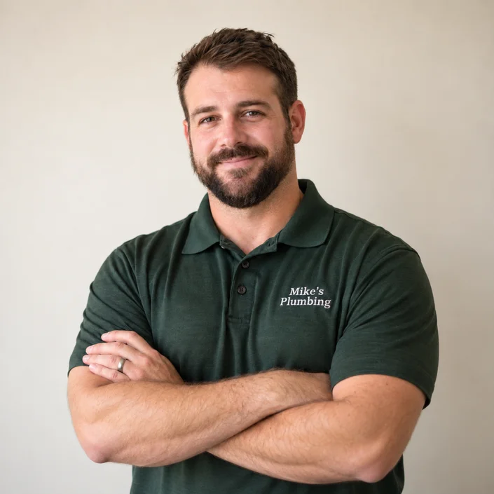 Professional headshot of a plumber in branded uniform with arms crossed.