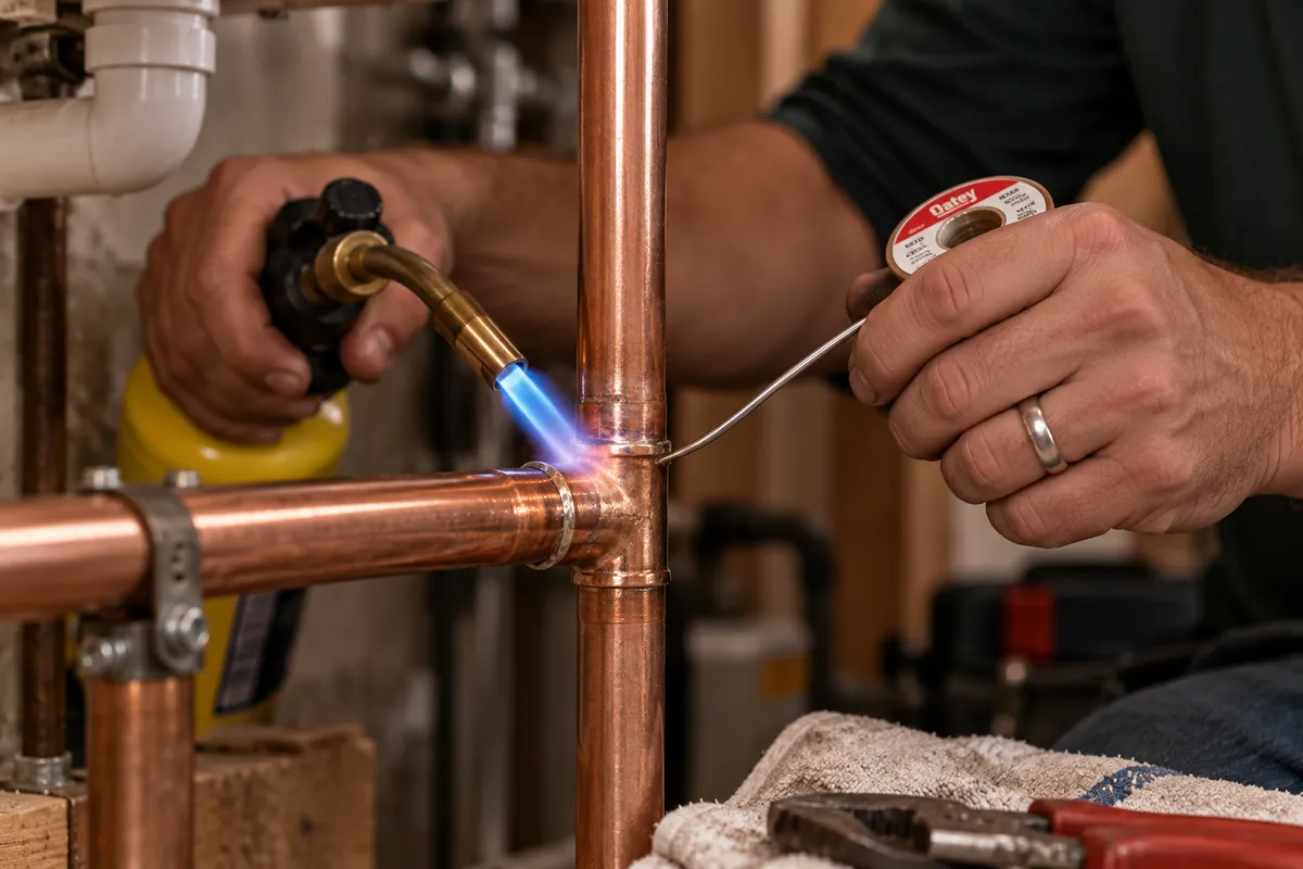 Plumber soldering a copper pipe connection under a sink with a torch.